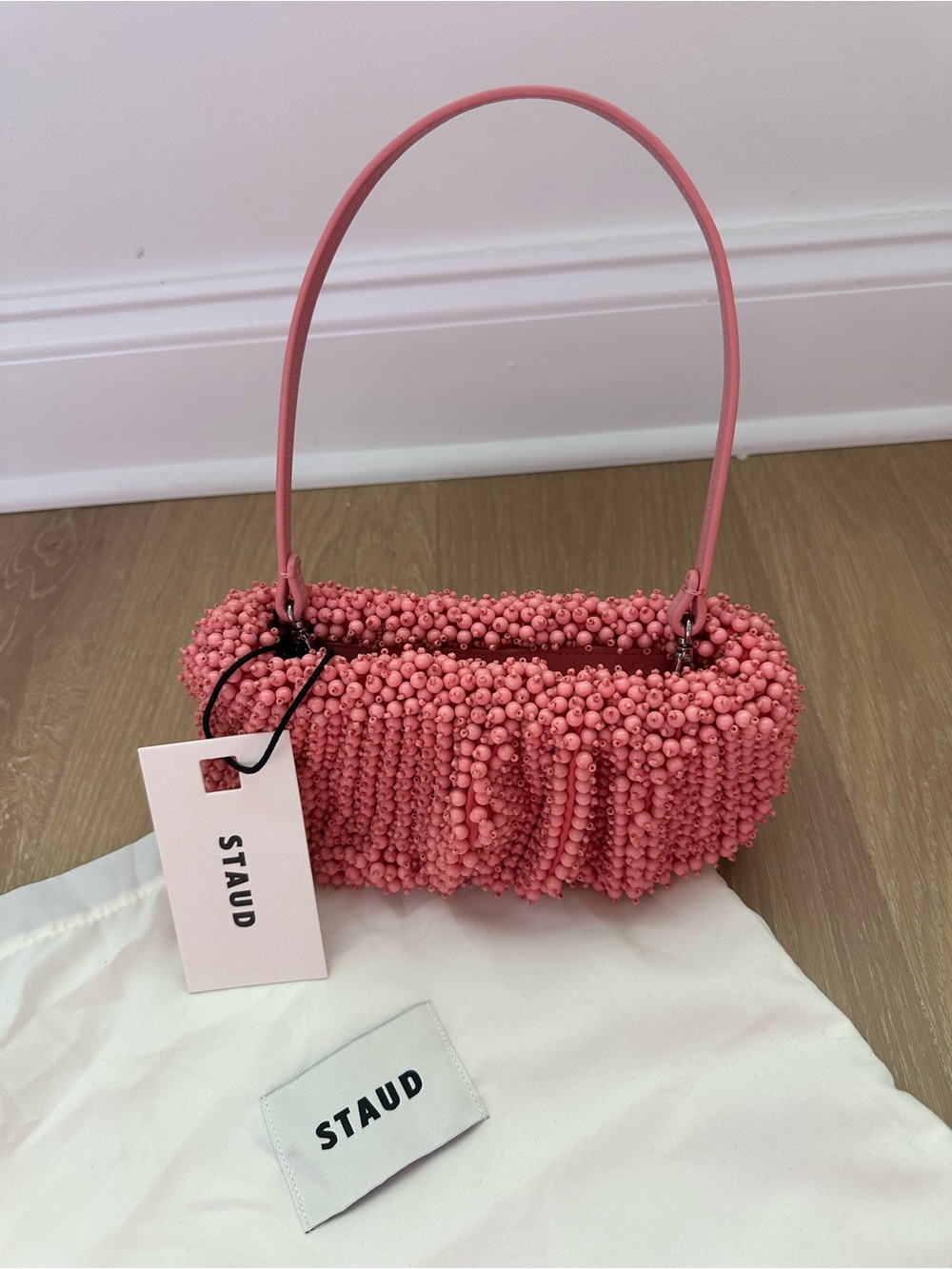 Staud Beaded Bean Bag In Geranium Pink Small Shoulder Bag Clutch Bead Purse - Picture 2 of 8